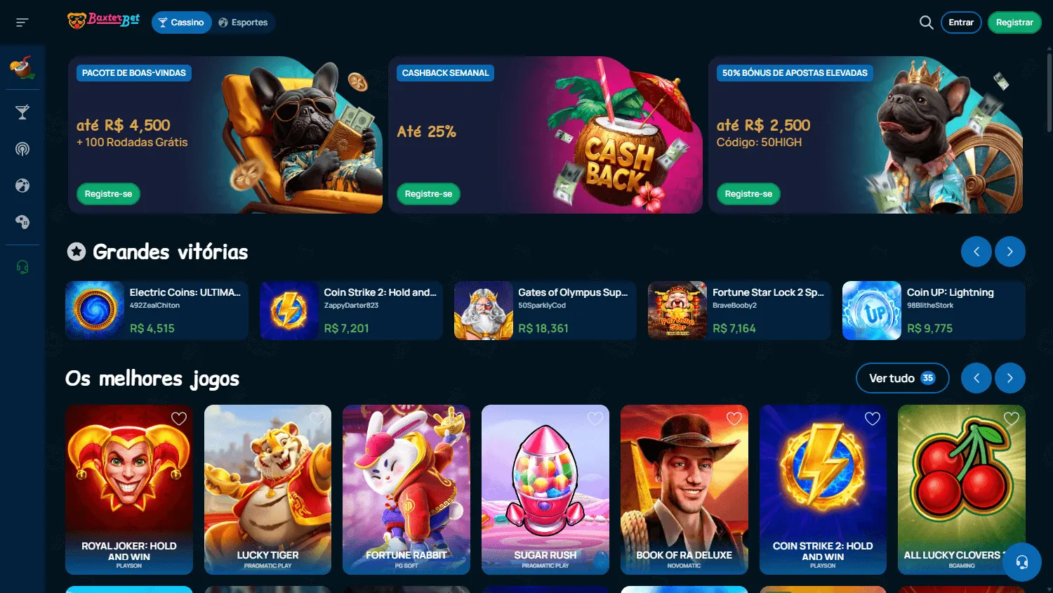 Baxterbet Casino desktop games lobby with pokies and live casino categories