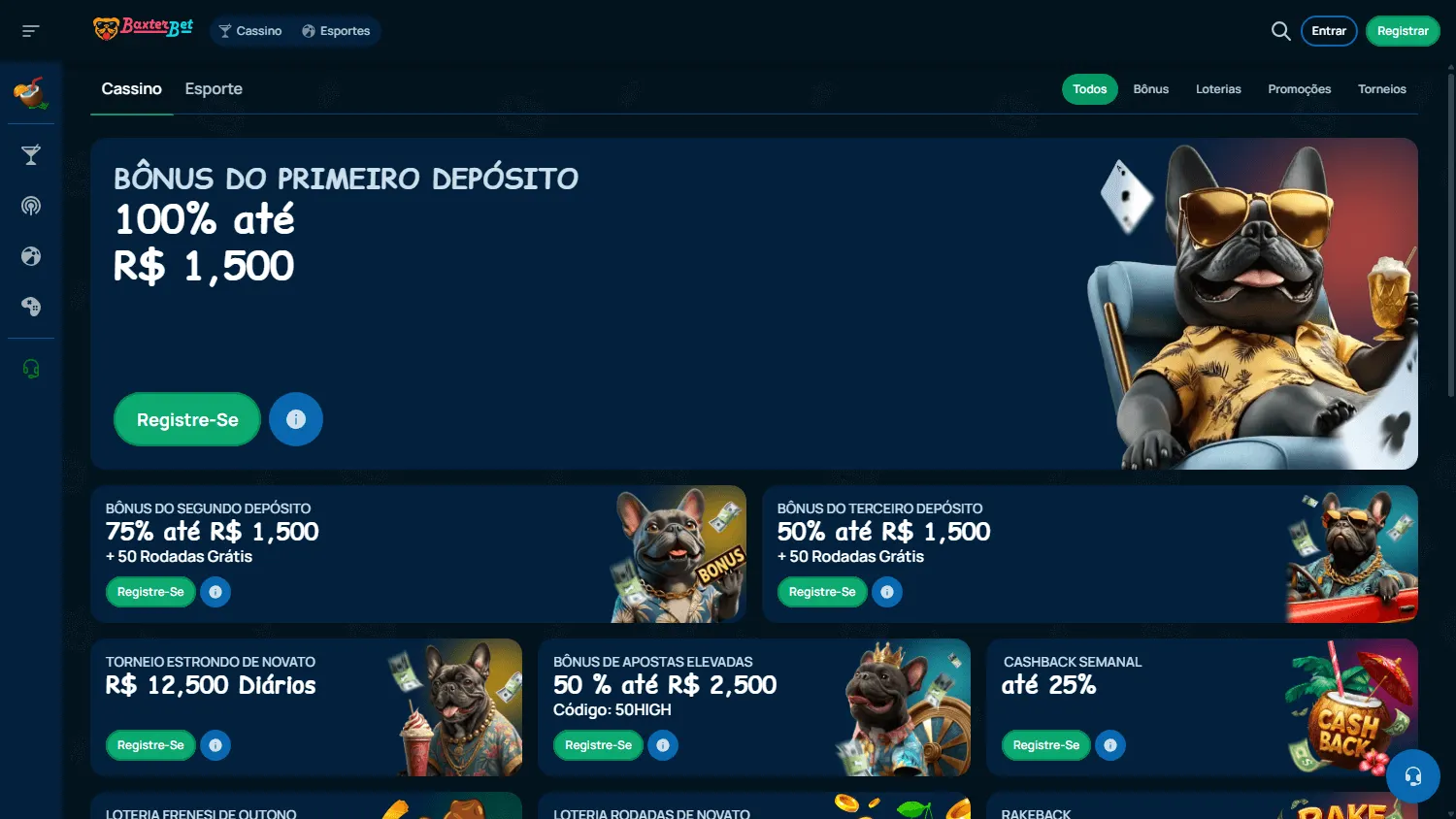 Baxterbet Casino desktop promotions area with deposit offers and cashback